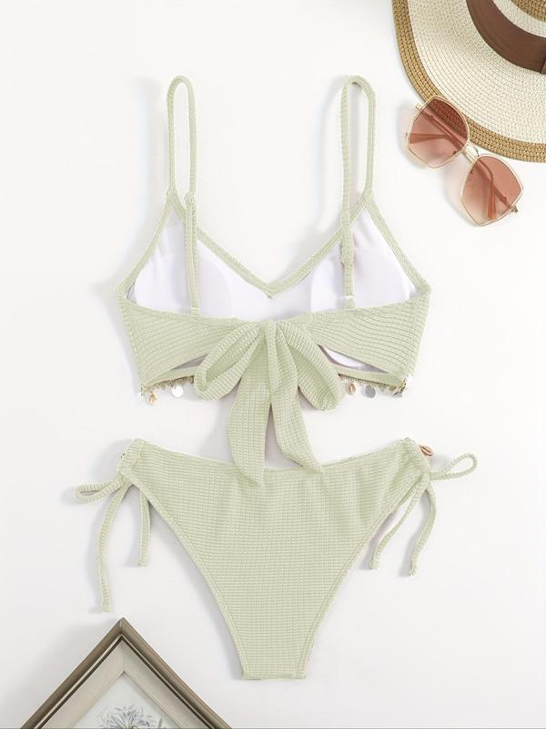 Two-Piece Set Women's Plain Shell Decor Bikini Set, Casual Sleeveless Tie Back Bikini Top & Tie Side Swim Thong, Swimsuit for Women, Fashion Chic Ladies Bathing Suit for Summer Beach Holiday Vacation