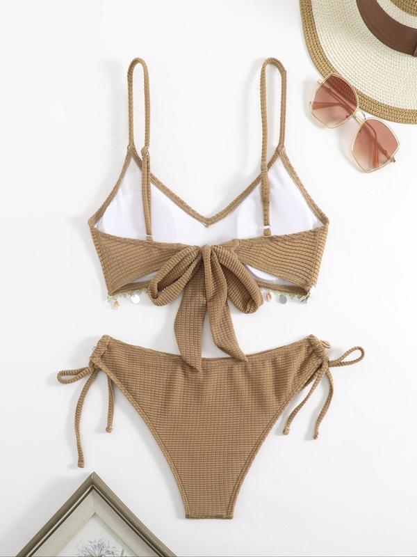 Two-Piece Set Women's Plain Shell Decor Bikini Set, Casual Sleeveless Tie Back Bikini Top & Tie Side Swim Thong, Swimsuit for Women, Fashion Chic Ladies Bathing Suit for Summer Beach Holiday Vacation