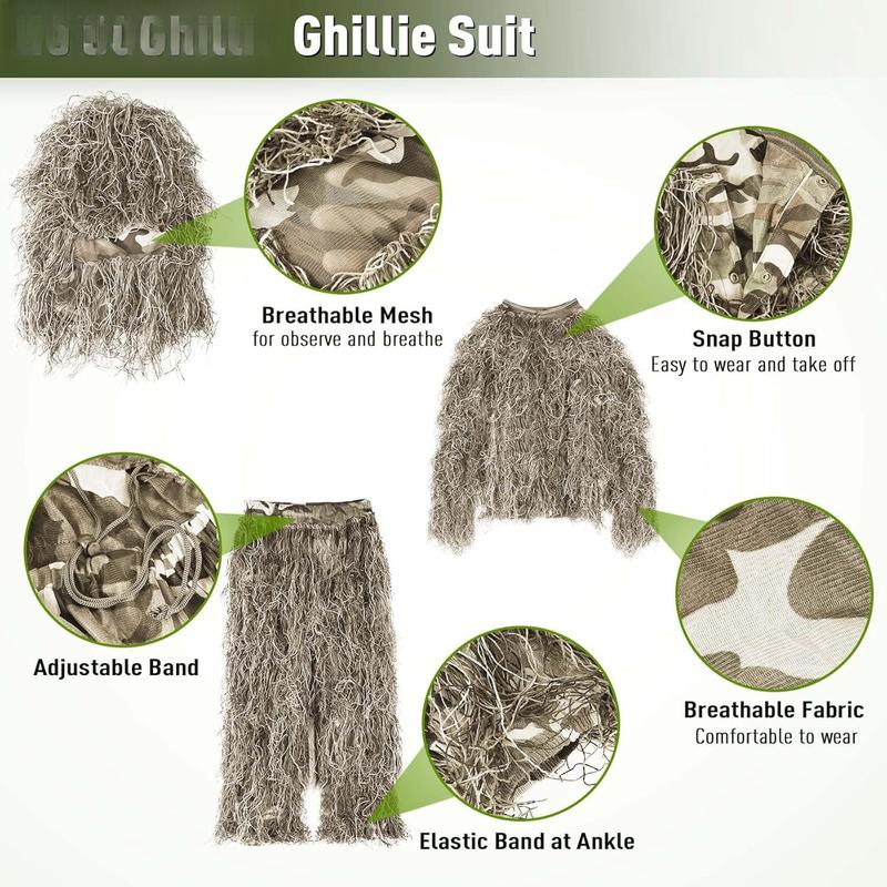 6 in 1 Ghillie Suit, 3D Camouflage  Apparel Including Jacket, Pants, Hood, Carry Bag and Camo Tapes