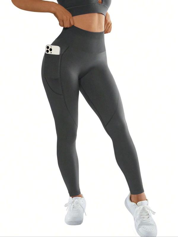 Women's High Waist Pocket Sports Tummy Control Leggings, Solid Color Skinny Pants, High Stretch Seamless Yoga Leggings, Yoga Pants, Gym Clothes, Ladies Sportswear for Indoor Outdoor Wear, Fall Clothes 2024, Leggings for Women, Pants for Women