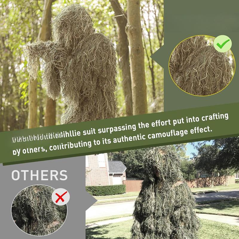 6 in 1 Ghillie Suit, 3D Camouflage  Apparel Including Jacket, Pants, Hood, Carry Bag and Camo Tapes