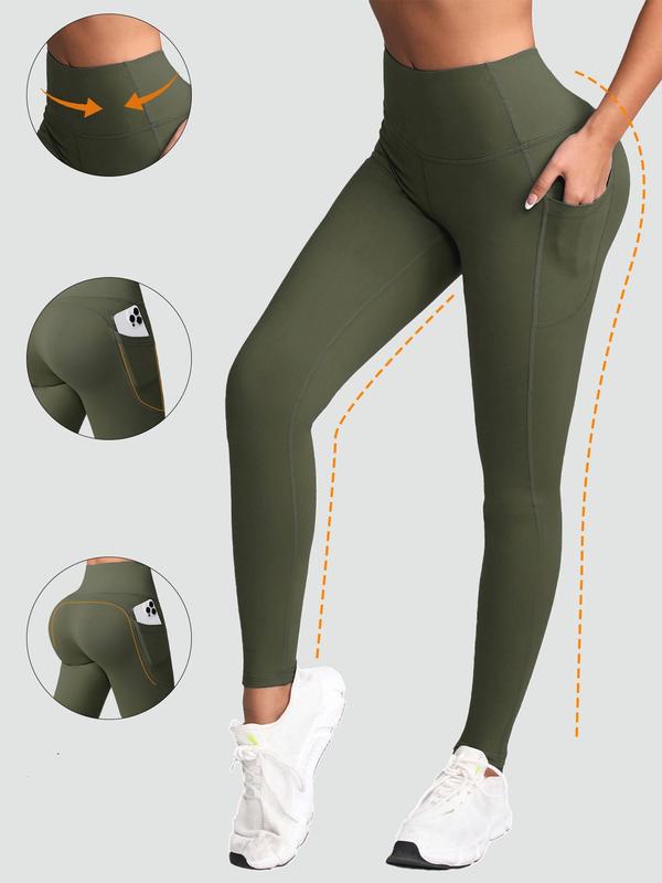 Women's Solid High Waist Pocket Sports Leggings, Sporty Comfy Breathable Skinny Pants for Yoga Gym Workout, Ladies Sportswear for All Seasons