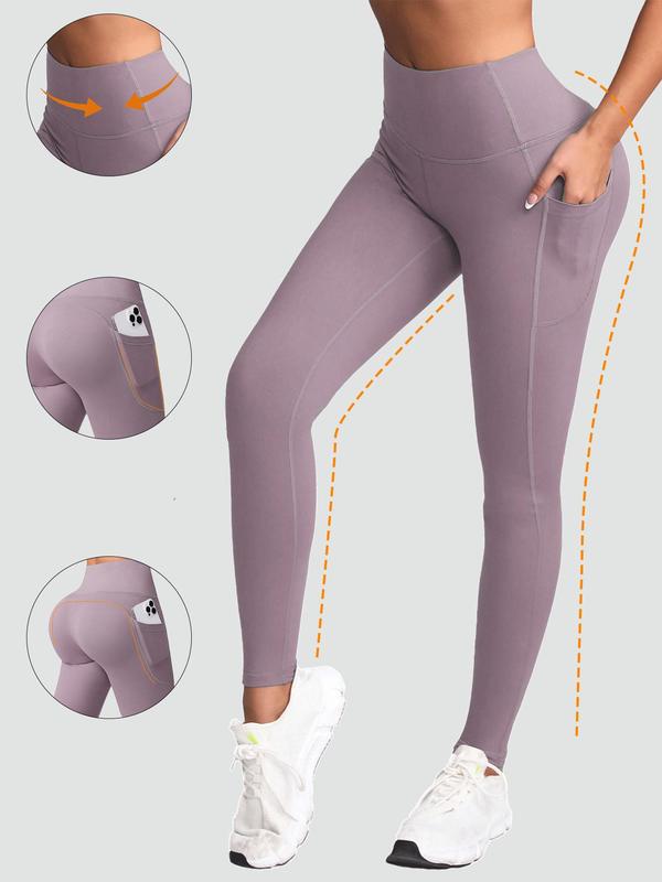 Women's Solid High Waist Pocket Sports Leggings, Sporty Comfy Breathable Skinny Pants for Yoga Gym Workout, Ladies Sportswear for All Seasons