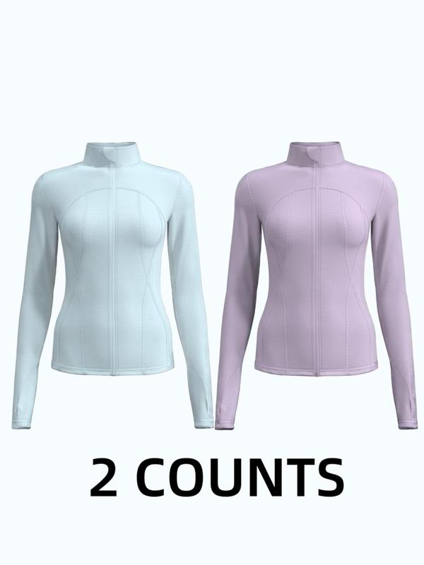 Women's Solid Zip Up Thumb Hole Sports Jacket, Long Sleeve Stand Collar Outerwear for Yoga Gym Workout, Ladies Sportswear for All Seasons