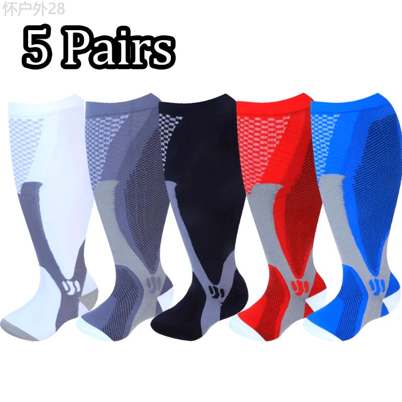 5pcs Plus Size Compression Socks for Men & Women - Breathable, Striped Nylon Blend for Sports, Running, Hiking, Cycling | Ideal Christmas Gift for Parents & Friends