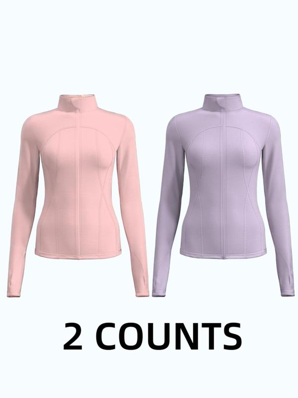 Women's Solid Zip Up Thumb Hole Sports Jacket, Long Sleeve Stand Collar Outerwear for Yoga Gym Workout, Ladies Sportswear for All Seasons