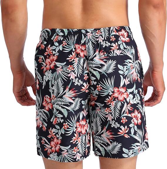 Mens Swimming Trunks Swim Shorts Black Flowers Summer Bathing Suit Swimwear Beach Wear with Pockets Digital Print Elastic Waist Casual Beach Shorts