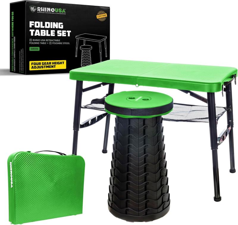 Rhino USA Portable Camping Table and Stool Set - Lightweight Foldable Camp Tables with Net for Beach Trips, Fishing, Picnic, Cooking & Much More