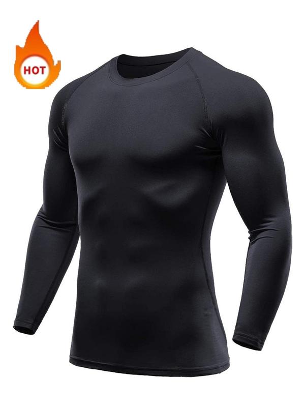 Men's Solid Long Sleeve Thermal Lined Compression Sports Tee, Breathable Comfortable Tight-fitting T-shirt for Outdoor Training, Men's Sportswear for Fall & Winter