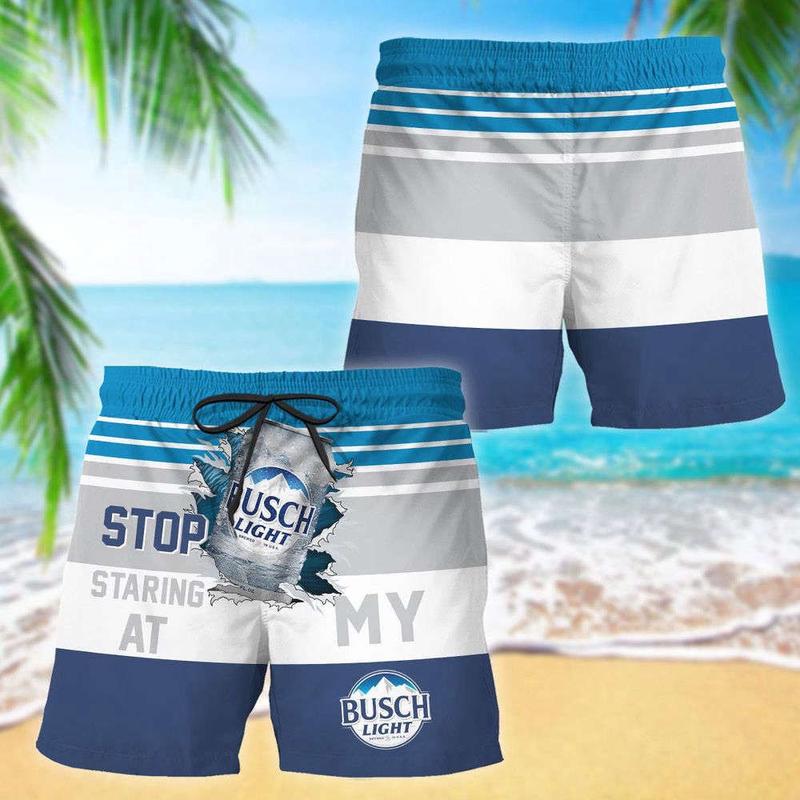 Busch Light Stop Staring At Horizontal Striped Swim Trunks