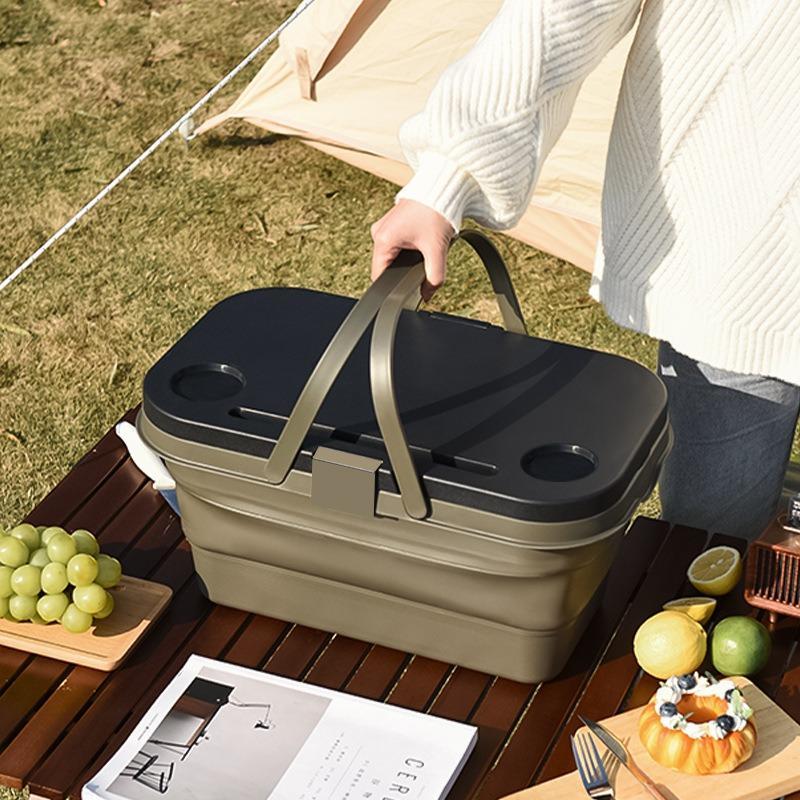 Foldable Picnic Basket, Large Capacity Multi-functional Handheld Storage Basket with Lid, Outdoor Camping Basket for Camping & Hiking