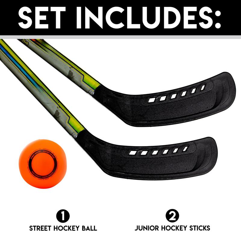 Youth Street Hockey Stick Set - Includes (2) Youth Street Hockey Sticks + (1) Outdoor Roller Hockey Puck - Perfect Hockey Starter Set