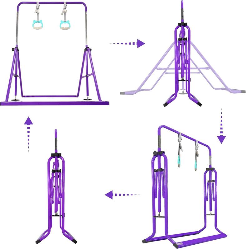 Folding Gymnastics Bar with Rings, Foldable Kip Bar with Sturdier Base, Gymnasitc  Bar for  Ages 3-10, Gymnastic Horizontal Bars, Home Gym Equipment for Boys Girls