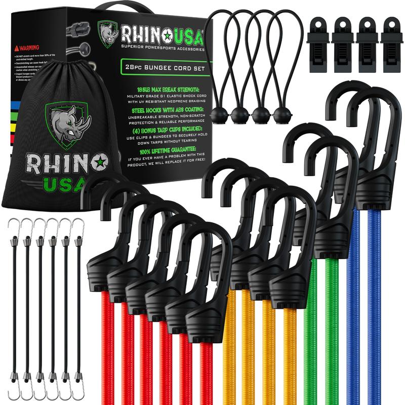 Rhino USA Bungee Cords with Hooks - Heavy Duty Outdoor 28pc Assortment with 4 Free Tarp Clips, Drawstring Organizer Bag, Canopy Ties & Ball Bungees