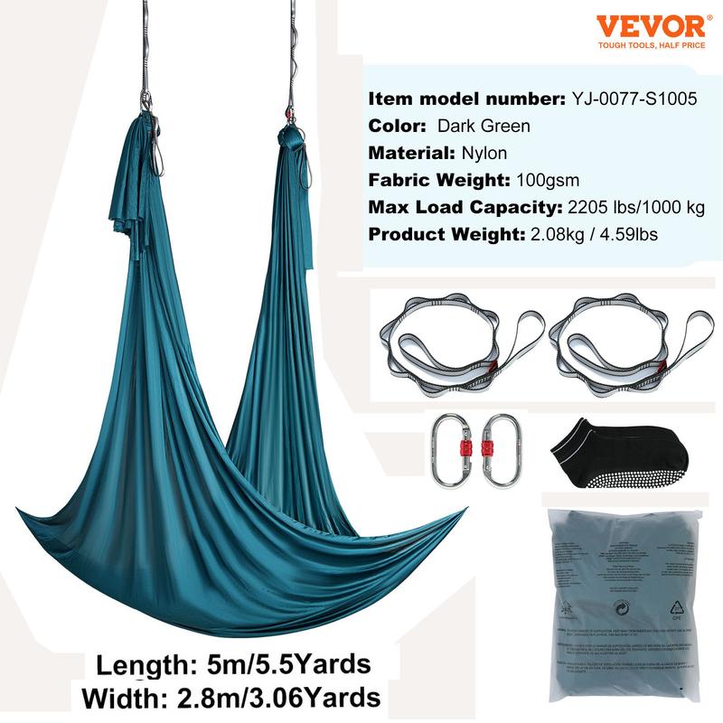 VEVOR Aerial Yoga Hammock & Swing, 5.5 Yards, Aerial Yoga Starter Kit with 100gsm Nylon Fabric, Full Rigging Hardware & Easy Set-up Guide, Antigravity Flying for All Levels Fitness Bodybuilding, Green