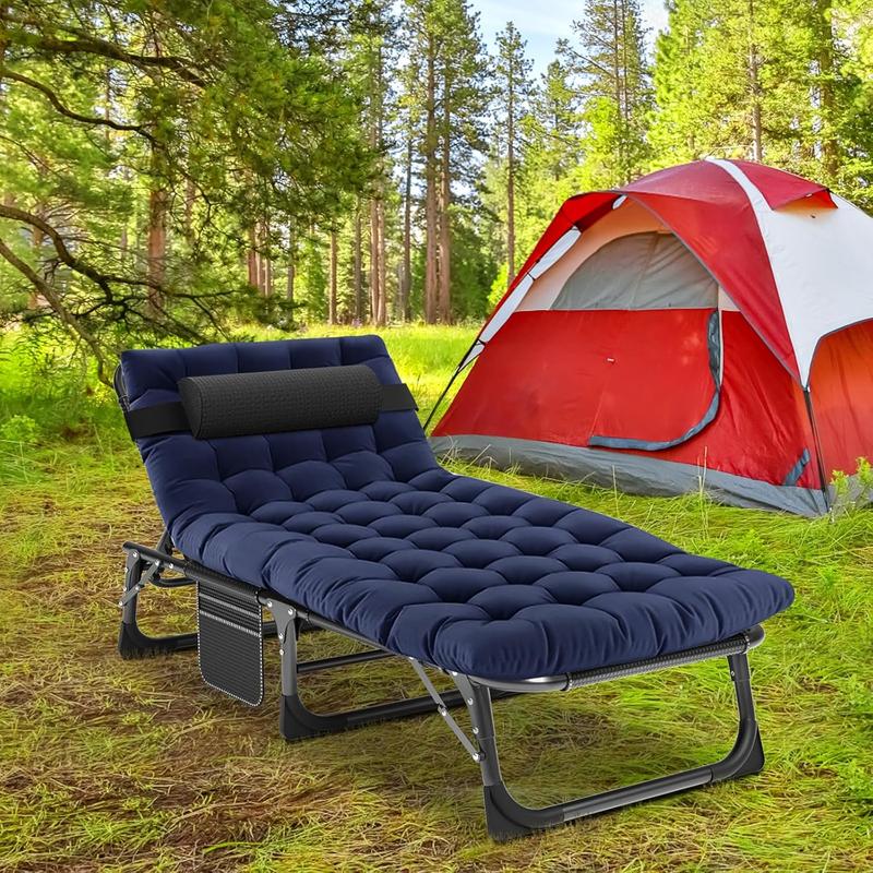 Portable Folding Camping Cot, Adjustable 4-Position Adults Reclining Folding Chaise with Pillow, Outdoor Portable Folding Lounge Chair Sleeping Cots Bed for Camping, Pool, Beach, Patio