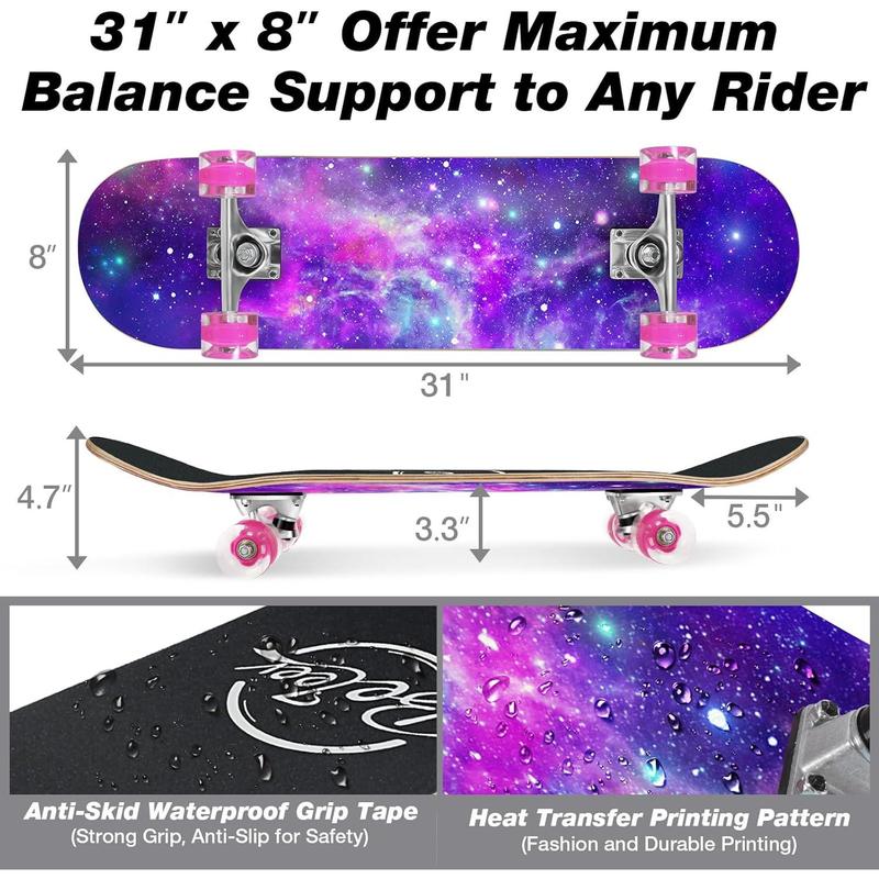 BELEEV Skateboards for Beginners, 31 x 8 inch Complete Skateboard for Kids Teens Adults, 7 Layer Canadian Maple Double Kick Deck Concave Cruiser Trick Skateboard with Multifunction Skate T-Tool