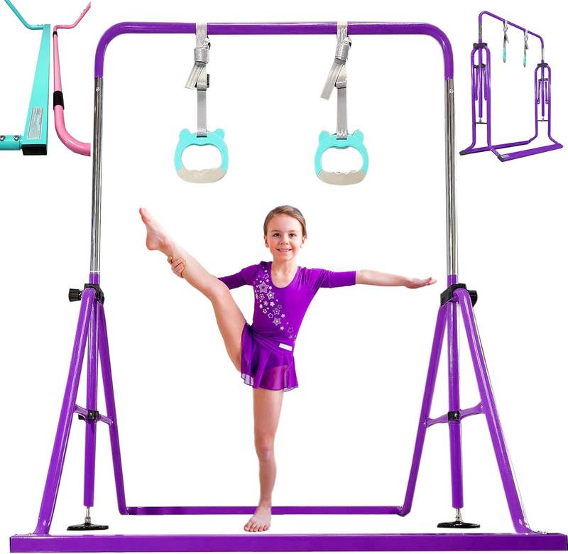 Folding Gymnastics Bar with Rings, Foldable Kip Bar with Sturdier Base, Gymnasitc  Bar for  Ages 3-10, Gymnastic Horizontal Bars, Home Gym Equipment for Boys Girls