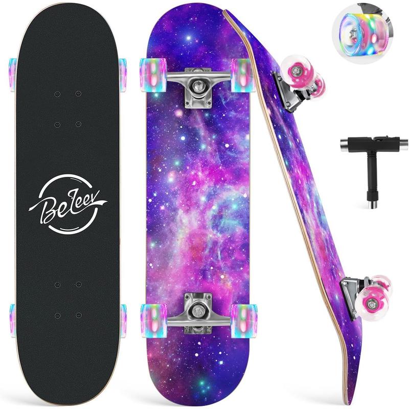 BELEEV Skateboards for Beginners, 31 x 8 inch Complete Skateboard for Kids Teens Adults, 7 Layer Canadian Maple Double Kick Deck Concave Cruiser Trick Skateboard with Multifunction Skate T-Tool