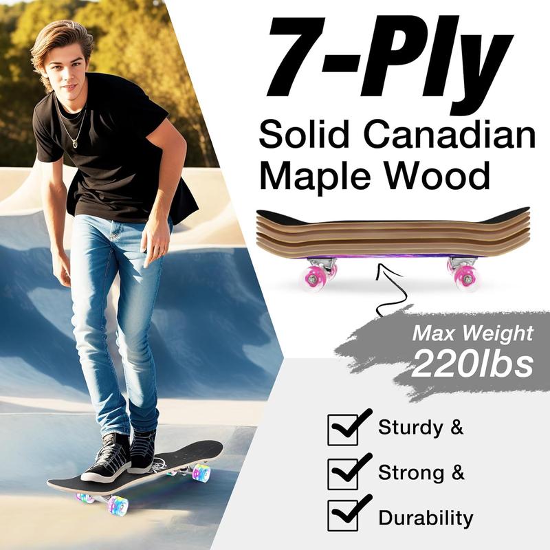 BELEEV Skateboards for Beginners, 31 x 8 inch Complete Skateboard for Kids Teens Adults, 7 Layer Canadian Maple Double Kick Deck Concave Cruiser Trick Skateboard with Multifunction Skate T-Tool