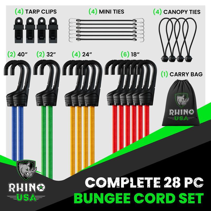 Rhino USA Bungee Cords with Hooks - Heavy Duty Outdoor 28pc Assortment with 4 Free Tarp Clips, Drawstring Organizer Bag, Canopy Ties & Ball Bungees