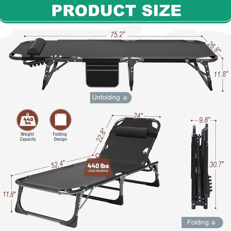 Portable Folding Camping Cot, Adjustable 4-Position Adults Reclining Folding Chaise with Pillow, Outdoor Portable Folding Lounge Chair Sleeping Cots Bed for Camping, Pool, Beach, Patio