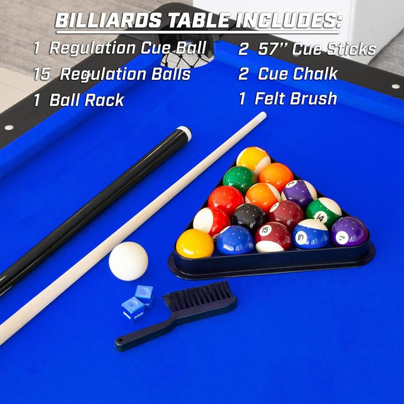 6, 7, or 8 ft Billiards Table - Portable Pool Table - includes Full Set of Balls, 2 Cue Sticks, Chalk and Felt Brush; Choose Size and Color