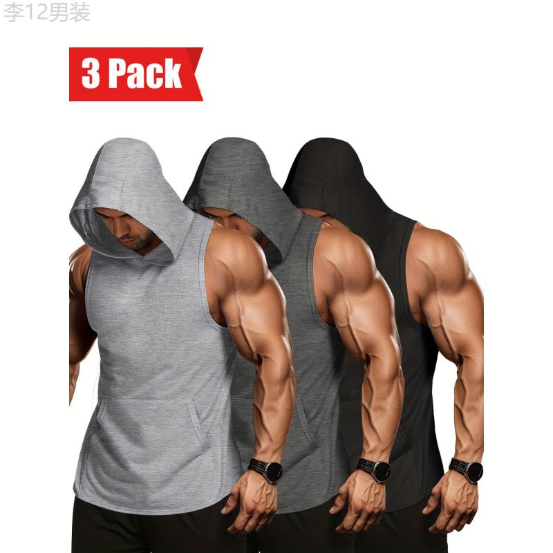 3 Pack Men's Workout Hooded Vest Sleeveless Gym Training Hoodie Bodybuilding Muscle Cut T-Shirt