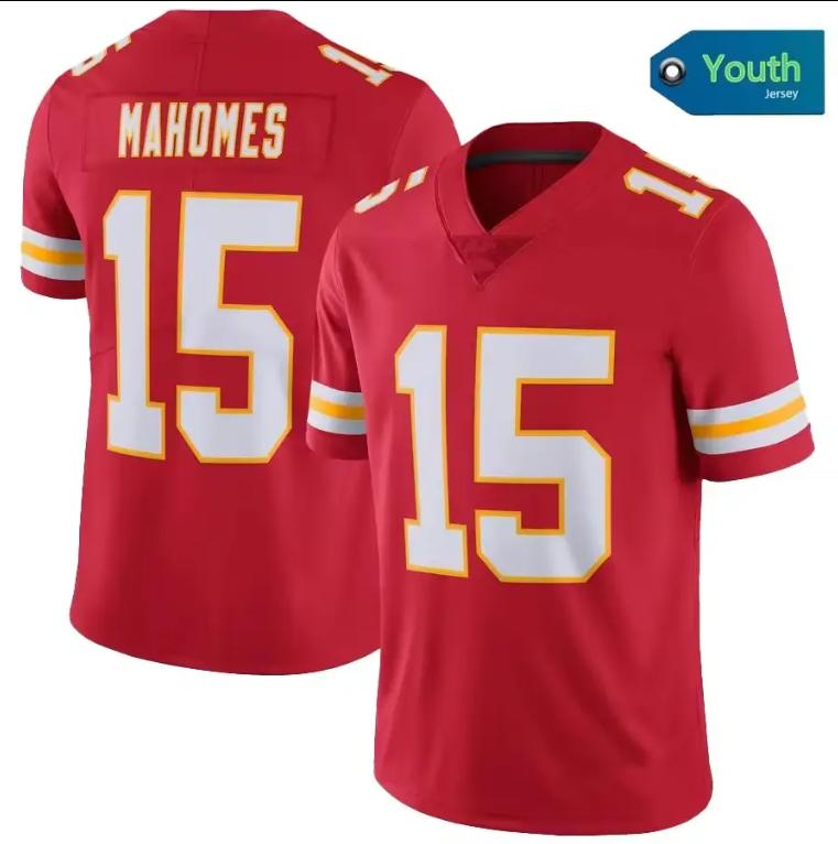 Junior Kids No. 15 Patrick Mahomes High quality American red, black and white stitched soccer jersey