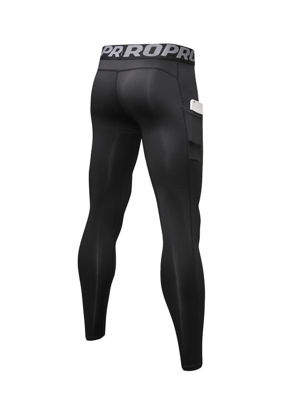 Men's Letter Tape Pocket Sports Leggings, Sporty Compression Pants for Running Jogging Basketball, Sport & Outdoor Clothing for Spring & Fall