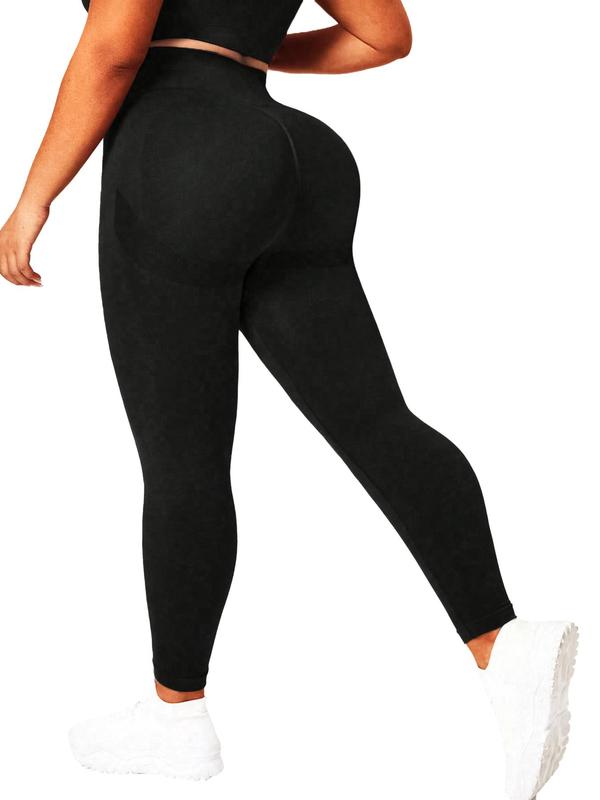 Plus Size Solid Ruched Sports Leggings, High Stretch Yoga Leggings, Ladies Sportswear for Indoor Outdoor Wear