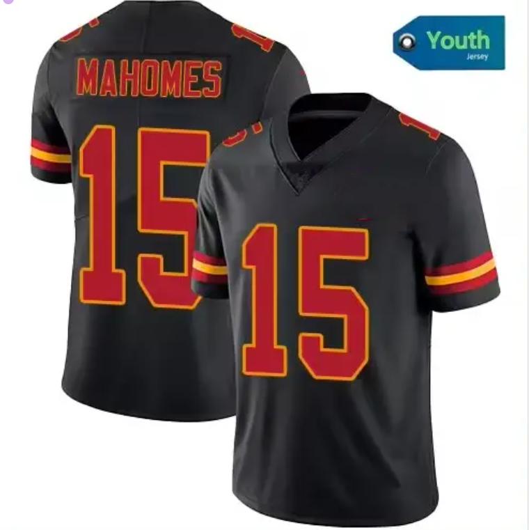 Junior Kids No. 15 Patrick Mahomes High quality American red, black and white stitched soccer jersey