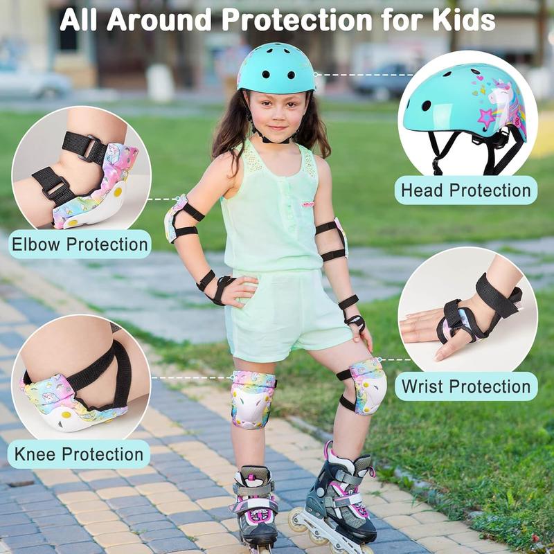 Kids Bike Helmet Knee and Elbow Pads Wrist Guards with DIY Sticker Unicorn Adjustable Protective Gear Set for Boys Girls Skateboard Inline Skating Scooter, 3-5-8 Years