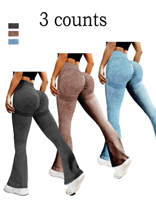 Women's Solid Ruched High Waist Sports Leggings, Casual Comfy Seamless Flare Leg Pants for Daily Wear, Ladies Sportswear for Indoor Outdoor Wear, Tummy Control