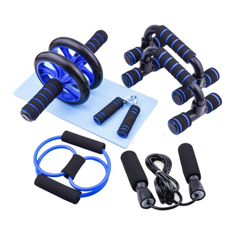 Fitness Tools, 7 Counts Portable Fitness Equipment, Including Jump Rope, Push-up Bars, Abdominal Wheel, Tension Band, Mat & Hand Grip Strengthener