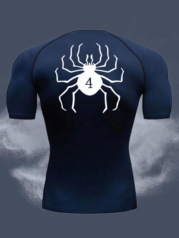 Men's Spider & Number Print Round Neck Sports Tee, Regular Fit Casual Breathable Short Sleeve T-shirt, Mens Clothing for Gym Workout Running