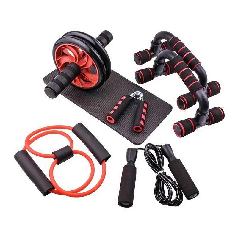 Fitness Tools, 7 Counts Portable Fitness Equipment, Including Jump Rope, Push-up Bars, Abdominal Wheel, Tension Band, Mat & Hand Grip Strengthener