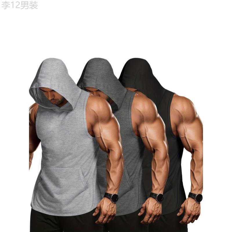 3 Pack Men's Workout Hooded Vest Sleeveless Gym Training Hoodie Bodybuilding Muscle Cut T-Shirt