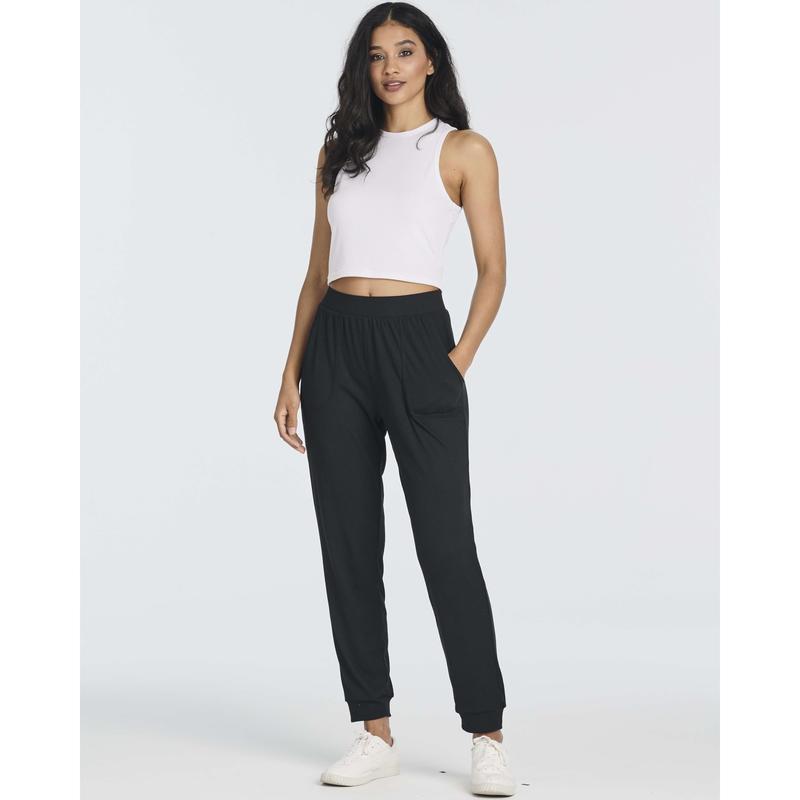 Real Essentials 3 Pack: Women's Ribbed Lounge Jogger Cuffed Yoga SweatpantsPockets (Available in Plus)