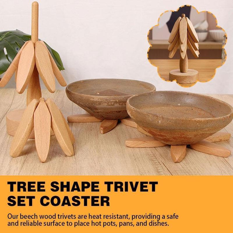 Wooden Trivets for Hot Dishes, Non-Slip HeatResistant Hot Pads for Pots, Pans ,Bowls andTeapots,Natural Foldable TreeCoasters,Multipurpose Decorative Christmas TreeShape Trivet Mats Set-3 Durable Wooden TrivetPotholder +1 Stand, Modern Kitchen Gifts