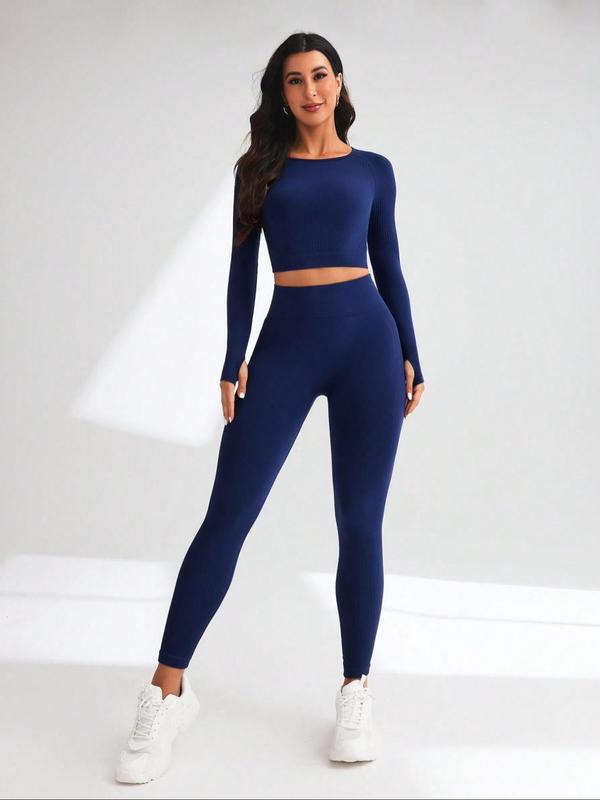 Women's Solid Long Sleeve Crop Top & High Waist Leggings Tracksuit Set, Sporty Breathable Comfy Outfits for Yoga Gym Workout Running, Ladies Sportswear for All Seasons