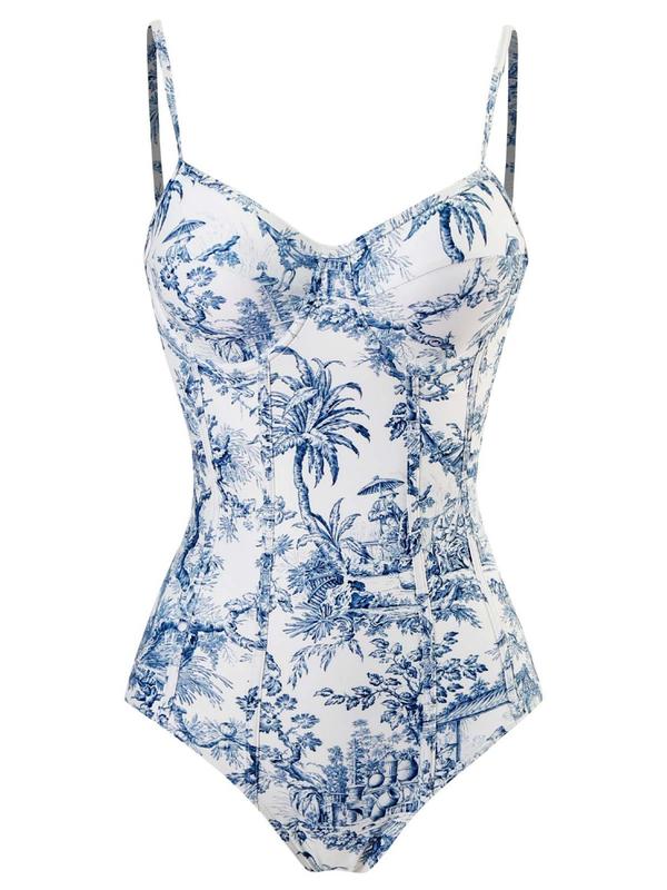 2 Counts Women's Summer Plants Print One Piece Swimsuit & Contrast Mesh Skirt Set,  Two Piece Set Elegant Adjustable Spaghetti Strap Backless Bodysuit & High Waist Knot Skirt Swimsuit Sets, Summer Outfits, Bathing Suits for Women, Minimalistic Outfit