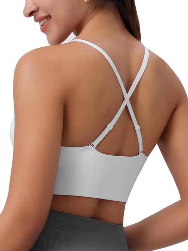 Women's Criss Cross Backless Deep V Neck Sports Bra, Solid Adjustable Strap Removable Padded Sports Bra, Gym Clothes, Ladies Sportswear for Indoor Outdoor Wear