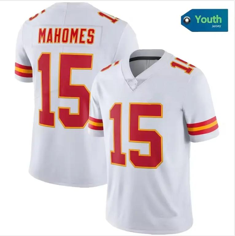 Junior Kids No. 15  Patrick Mahomes High quality American red, black and white stitched soccer jersey