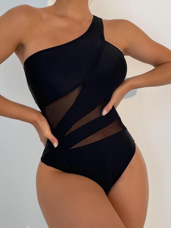 Women's Contrast Mesh One Shoulder One-piece Swimsuit, Solid Backless Asymmetrical Neck Sheer Swimwear for Beach Holiday Vacation, Ladies Summer Clothes