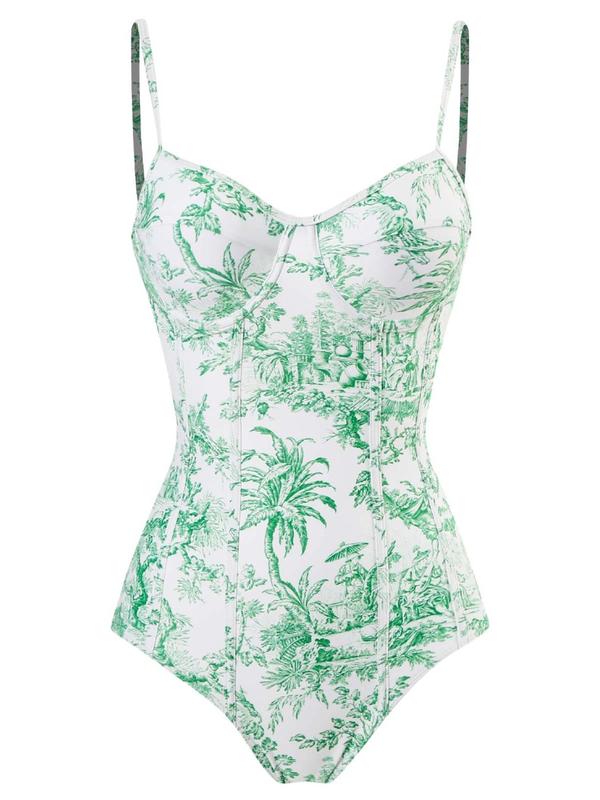 2 Counts Women's Summer Plants Print One Piece Swimsuit & Contrast Mesh Skirt Set,  Two Piece Set Elegant Adjustable Spaghetti Strap Backless Bodysuit & High Waist Knot Skirt Swimsuit Sets, Summer Outfits, Bathing Suits for Women, Minimalistic Outfit