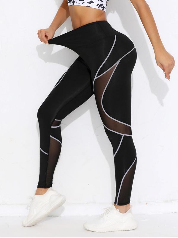 Women's Contrast Mesh Sheer High Waist Sports Tummy Control Leggings, Compression Pants, Casual Comfy Breathable Contrast Binding Skinny Pants for Yoga Gym Workout Running, Ladies Sportswear for All Seasons, Gym Clothing, Women Sport & Outdoor Clothing