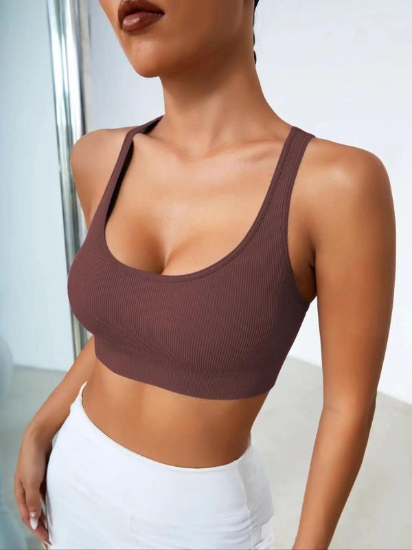 Women's Solid Criss Cross Backless Sports Bra, Single-layer Slightly Sheer Unpadded Cup Sports Bra,  Sports Bra, Breathable Comfortable Wireless Sports Bra for Yoga Gym Workout Back To School, Ladies Sportswear for All Seasons