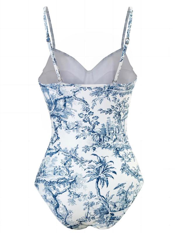 2 Counts Women's Summer Plants Print One Piece Swimsuit & Contrast Mesh Skirt Set,  Two Piece Set Elegant Adjustable Spaghetti Strap Backless Bodysuit & High Waist Knot Skirt Swimsuit Sets, Summer Outfits, Bathing Suits for Women, Minimalistic Outfit