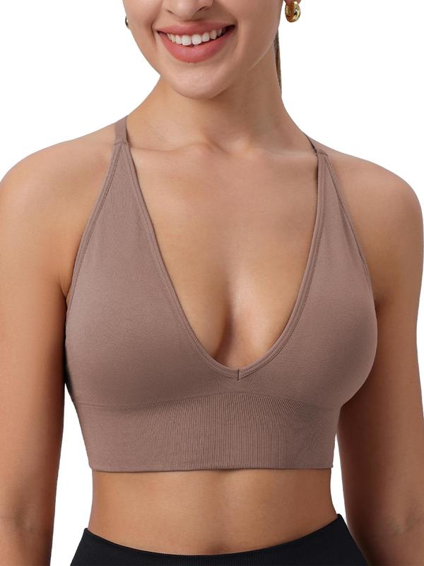 Women's Criss Cross Backless Deep V Neck Sports Bra, Solid Adjustable Strap Removable Padded Sports Bra, Gym Clothes, Ladies Sportswear for Indoor Outdoor Wear